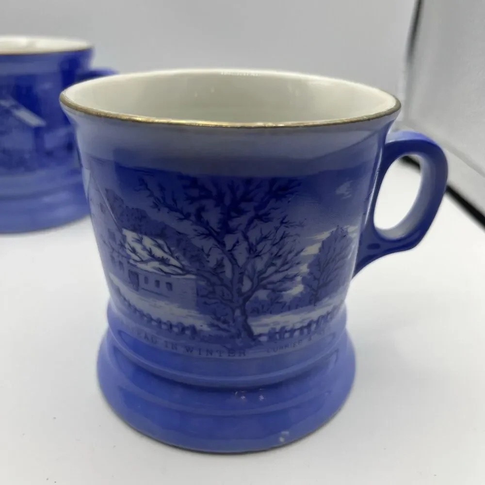 Vintage Currier And Ives Shaving Mugs Blue & White Lot of 4 Different Designs